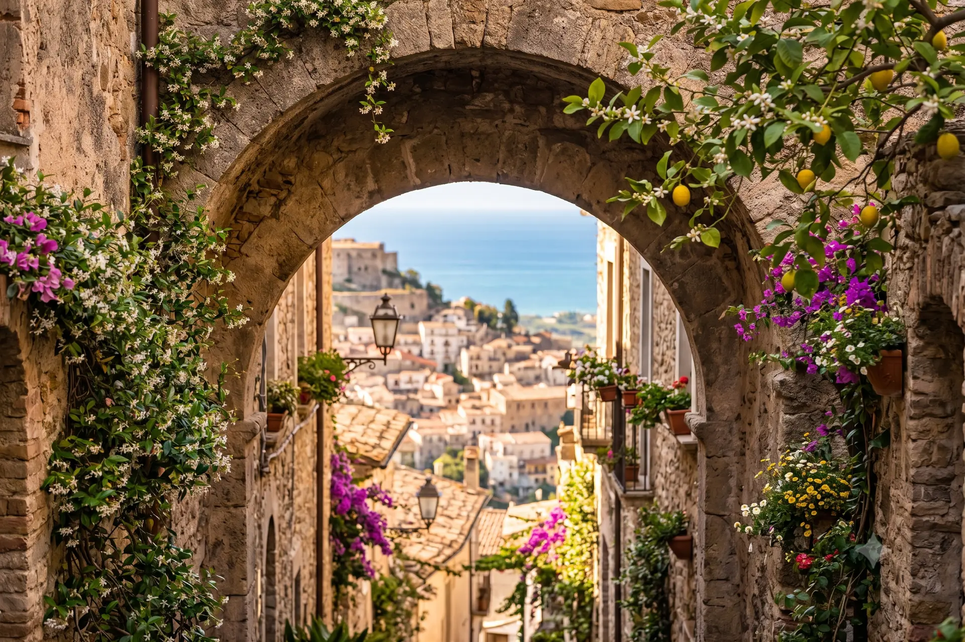 Arco de pedra em Rocca Imperiale, na Itália, com vista para a vila e o mar
